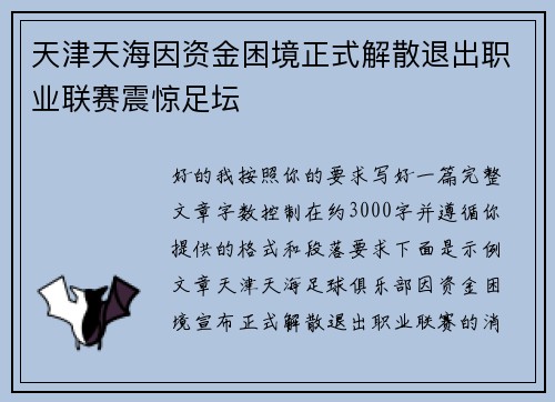 天津天海因资金困境正式解散退出职业联赛震惊足坛