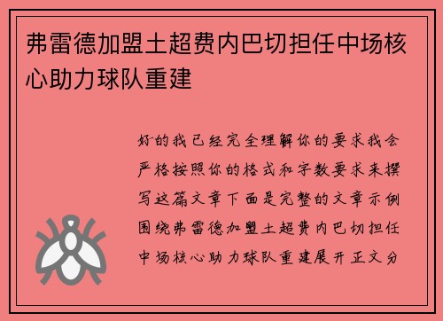 弗雷德加盟土超费内巴切担任中场核心助力球队重建