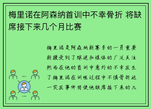 梅里诺在阿森纳首训中不幸骨折 将缺席接下来几个月比赛